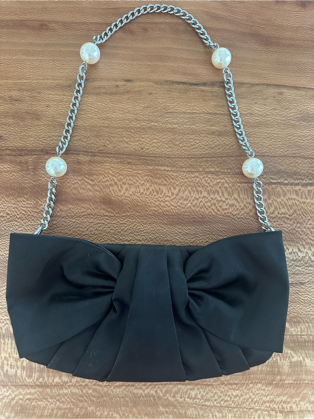 White House Black Market Black Bow-Front Evening Shoulder Bag with Pearl Chain